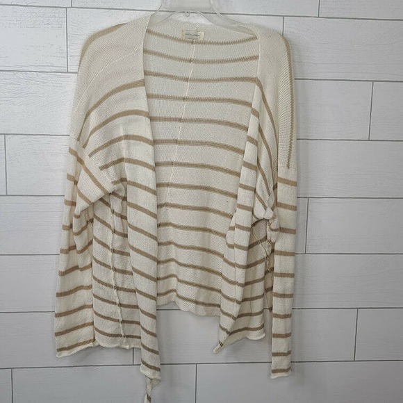 Krista Larson Cardigan Sweater White Tan Stripe Oversized Lagenlook Asymmetric - Picture 8 of 11
